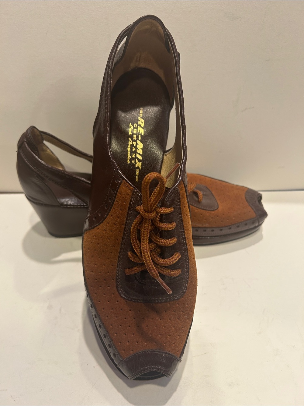 Re-Mix Company Los Angeles VTwo-Tone Brown Suede & Leather Lace-Up Wedge